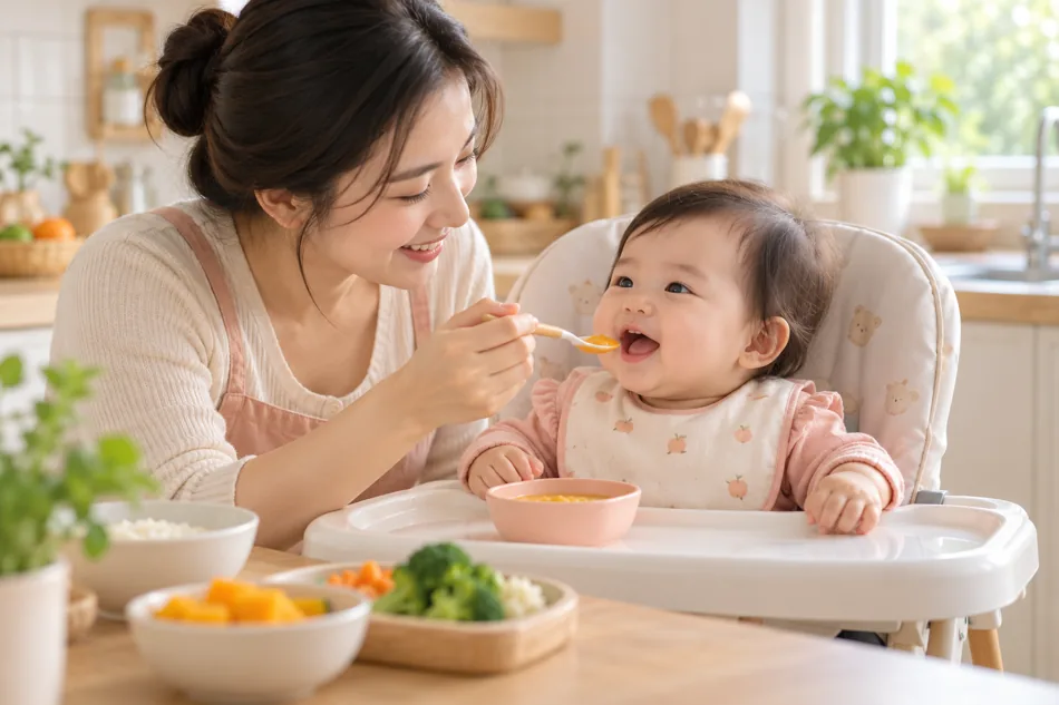 Người lớn chăm sóc em bé trong bữa ăn