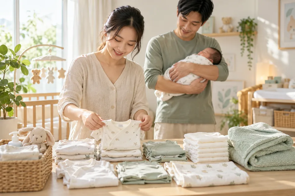 Bố mẹ chuẩn bị quần áo và khăn cho em bé sơ sinh