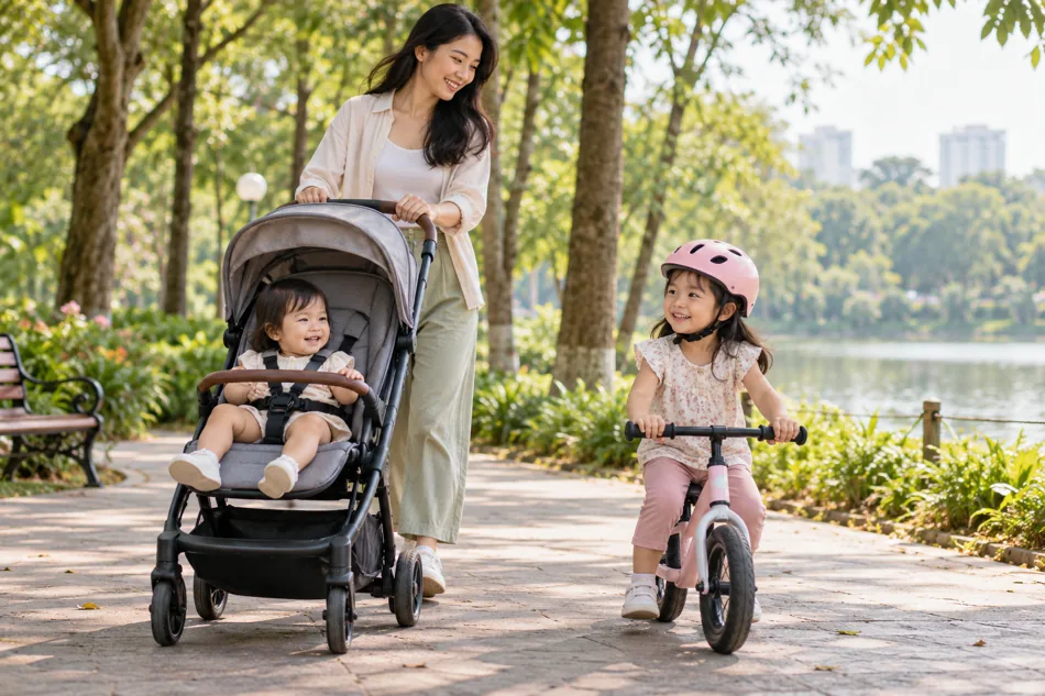 Bé vui chơi ngoài trời cùng gia đình