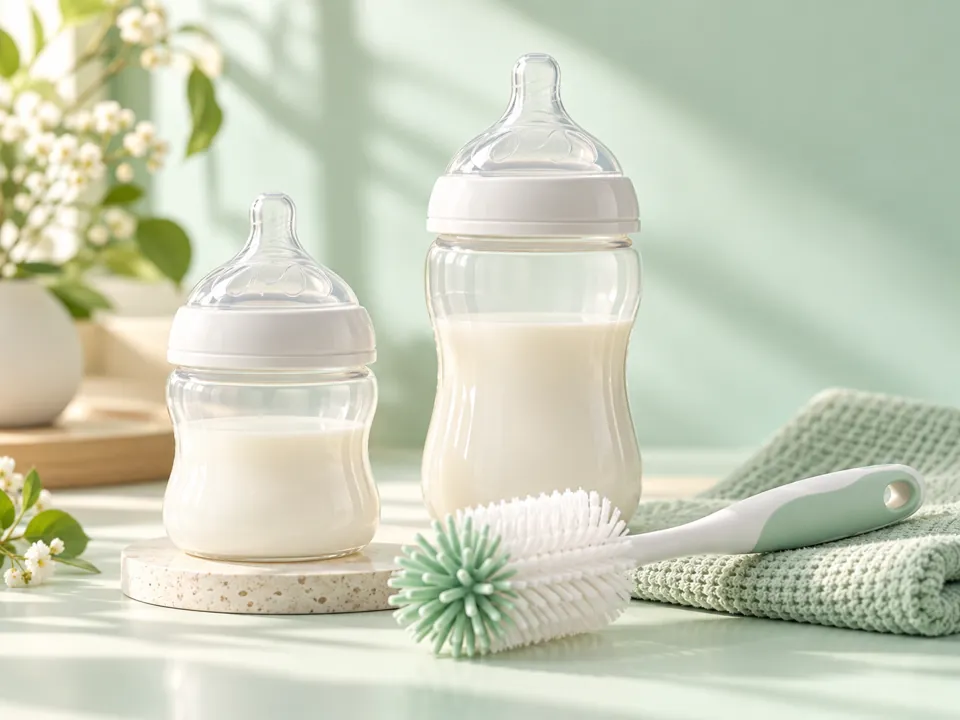 Ảnh minh họa bình sữa và bàn chải vệ sinh